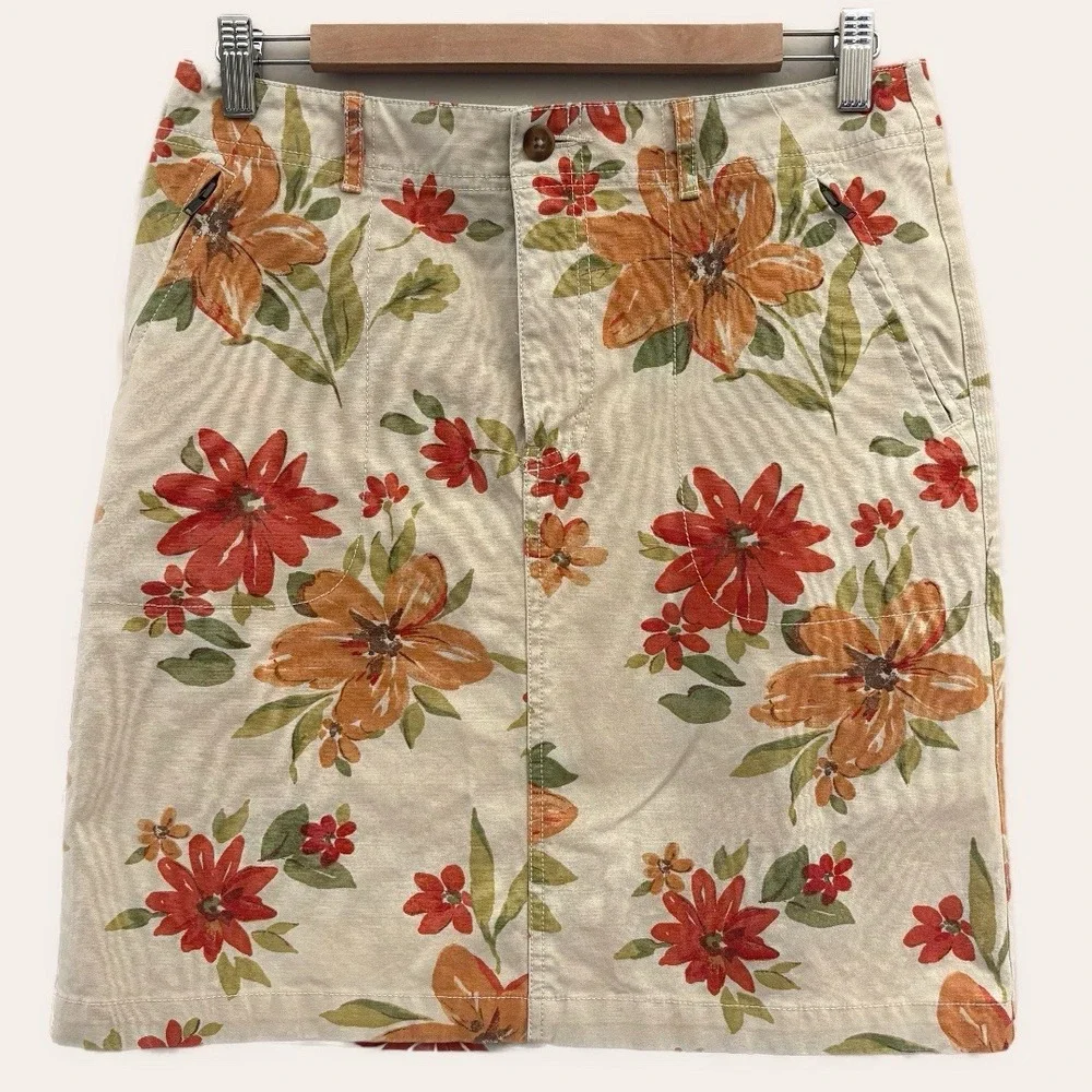 Eddie‎ Bauer Skirt Pencil Sz 8 Floral Zip Pockets Canvas Cottage core Garden